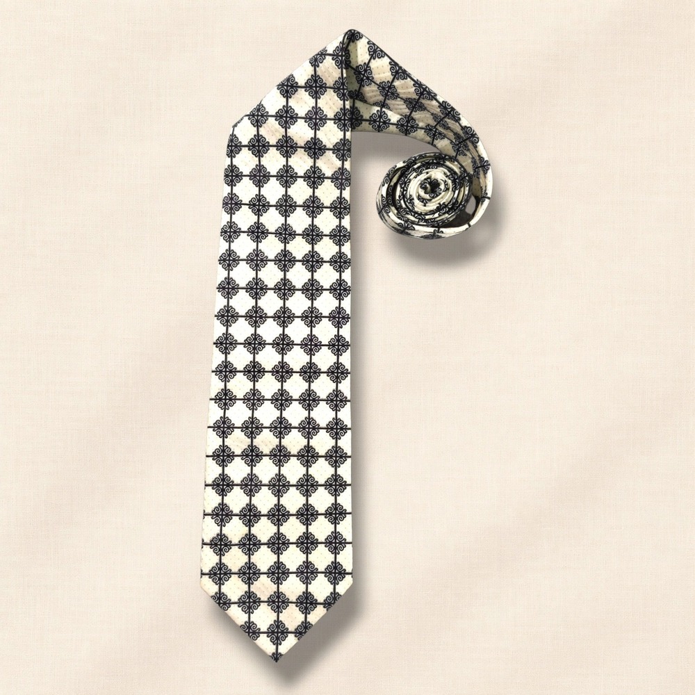 Steven Land Silk Necktie Scroll Lattice Black Ivory Wide Extra Long Handmade